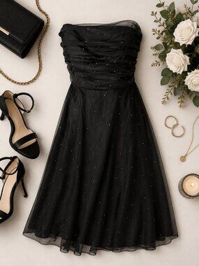 Betsey & Adam Strapless Black Formal Dress Rhinestone Chiffon Size 14